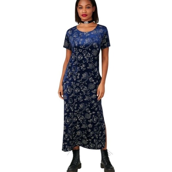 Vintage No Boundaries Y2K 90s Velvet Maxi Dress Juniors XL Navy Dark Romantic - Picture 1 of 9
